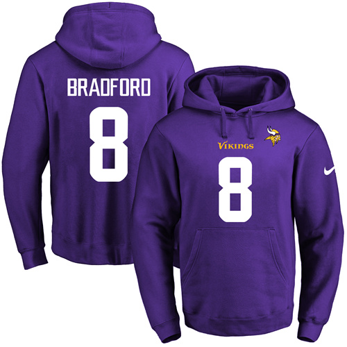 Nike Vikings #8 Sam Bradford Purple Name & Number Pullover NFL Hoodie - Click Image to Close